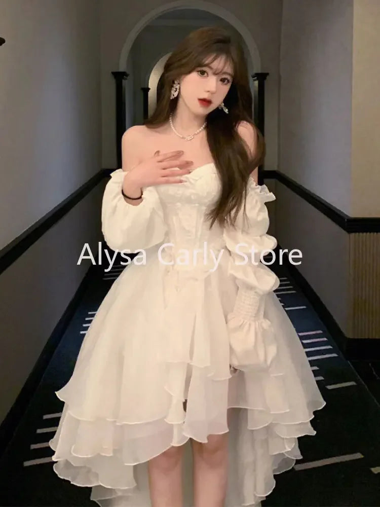 Elegant Ruffles Chic Fairy Dress Women White Sweet Korean Style Princess Dress Female 2023 Summer Slash Neck Casual Party Dress