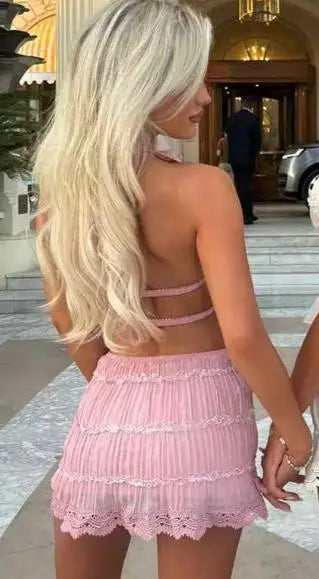 Pleated Halter Lace Up Top Women's Skirt Suits Women Sexy Ruffled Crop Top Lace Trim Mini Skirts 2026 Summer Lady Beach Outfit