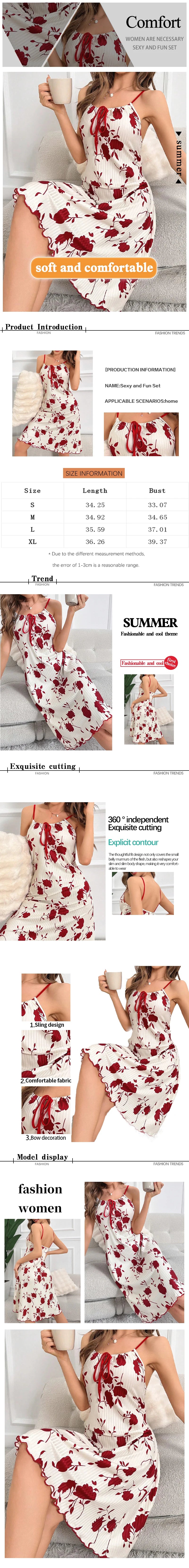 Women's Printed Knitted Ribbed Nightgown Women's Long Casual Backless Ice Silk Printed Sleeveless Suspender Sexy Nightgown