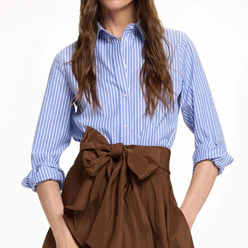 CH Women's casual cotton blouse with stripes and embroidered collar-long-sleeved streetwear, simple office top.