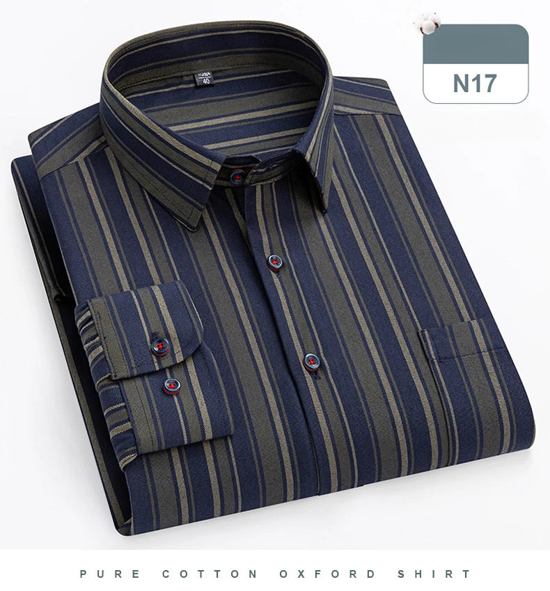 plus size 14xl 100%cotton long-sleeve shirts for men slim fit formal plain shirt soft plaid striped tops office elegants clothes