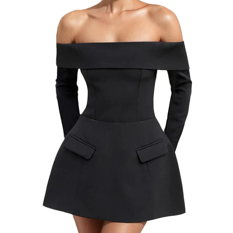 2025 Spring and Summer New Sexy Spice Girl Style A Line Shoulder A Fashion Dress Feminine Solid Color Slim-fit Bag Hip Skirt