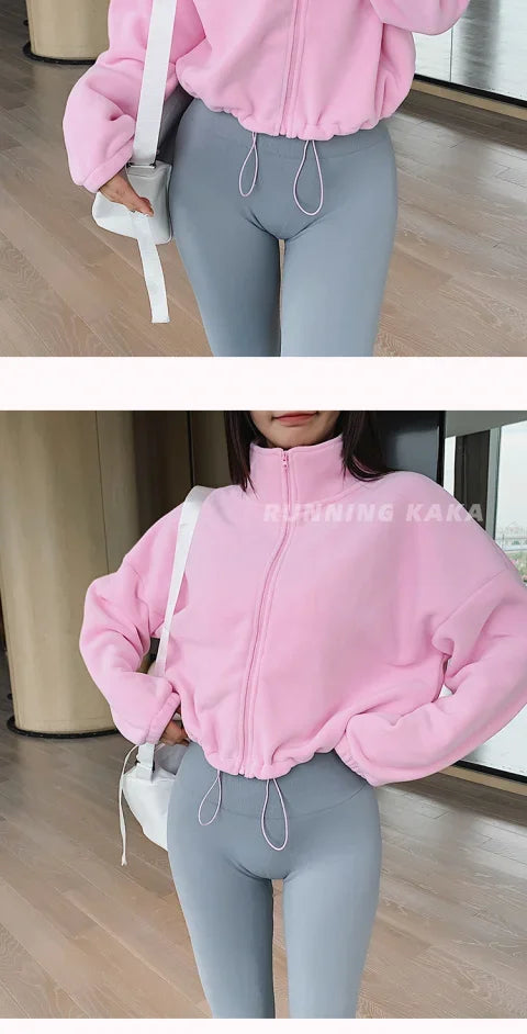 Women Loose Cropped Jacket Loose Zipper Sweatshirt Y2k Long Sleeve Coat Cardigan Sportswear Streetwear Drawstring Tops Clothing