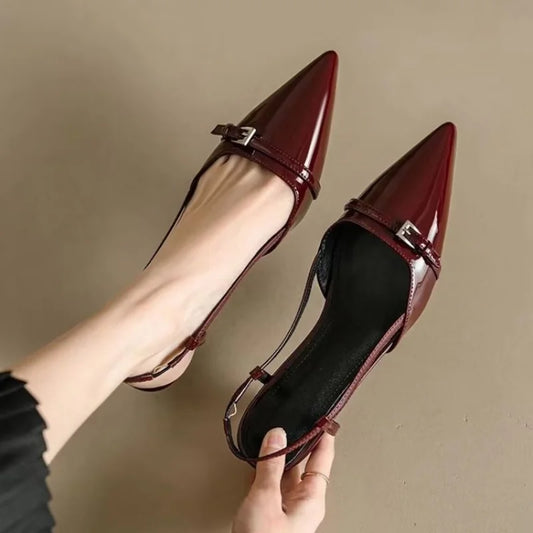 French Elegant Pointed Toe Patent Leather Closed-Toe Slingback Heels 2025, Vintage Fairy Core Kitten Heel Sandals Women