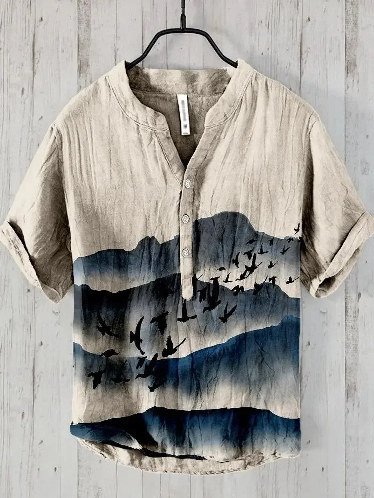 2025 New men's Linen short-sleeved Shirt Fashion Casual Printed Tops European And American Popular Style men's Clothing