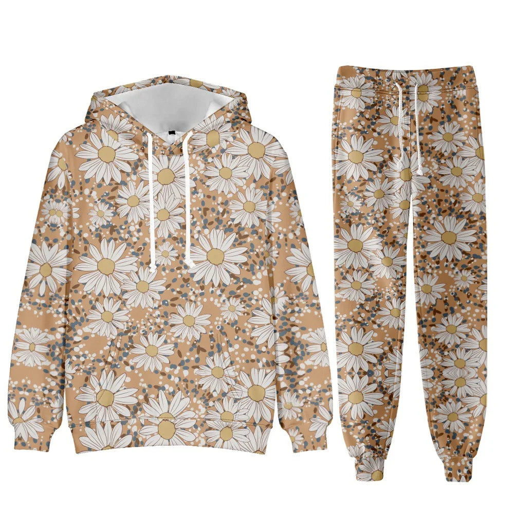 Chic Floral Elegant Suit Women's Tracksuit Funny 2 Piece Outfits Sports Lounge Hoodie Oversized Jogger Sweatpants Sweatsuit Sets