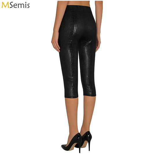 Womens Tights Skinny Pants Metallic Shiny Snake-skin Pattern Capri Pants V-shape Elastic Waistband Rave Party Nightclub Costume