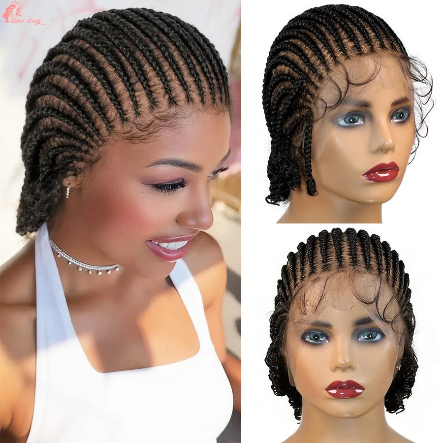 Short Bob Cornrow Braided Wigs Synthetic Full Lace Braids Wigs With Curly End For Black Women Handmade Knotless Box Braiding Wig
