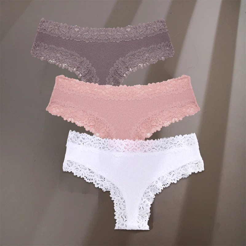 3Pcs/Set Sexy Lace Briefs Cotton Panties Women's Fashion 7 Solid Color Comfortable Briefs Low Waist Underpants Stretch Underwear