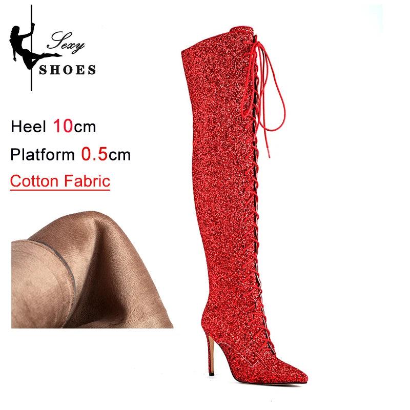 10CM Night Club Over The Knee Boots Sequins Thin High Heels Fashion Lady Pointed Long Boots Autumn Winter Party Shoes For Women