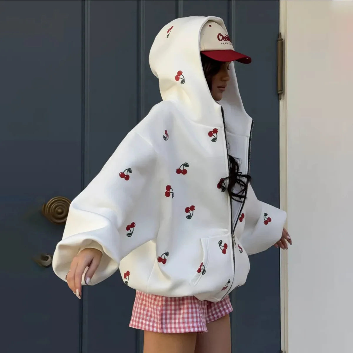 Women's Cherry Printed Sweatshirt Jacket 2025 Autumn Street Style Fashion Trendy Brand Loose Versatile Sports Hoodie Female New