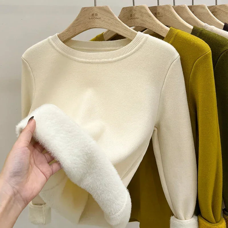 Women's O-neck Velvet Thicken Sweaters Winter Slim Warm Long Sleeve Knitted Tops Casual Plush Fleece Lined Soft Pullovers Ladies