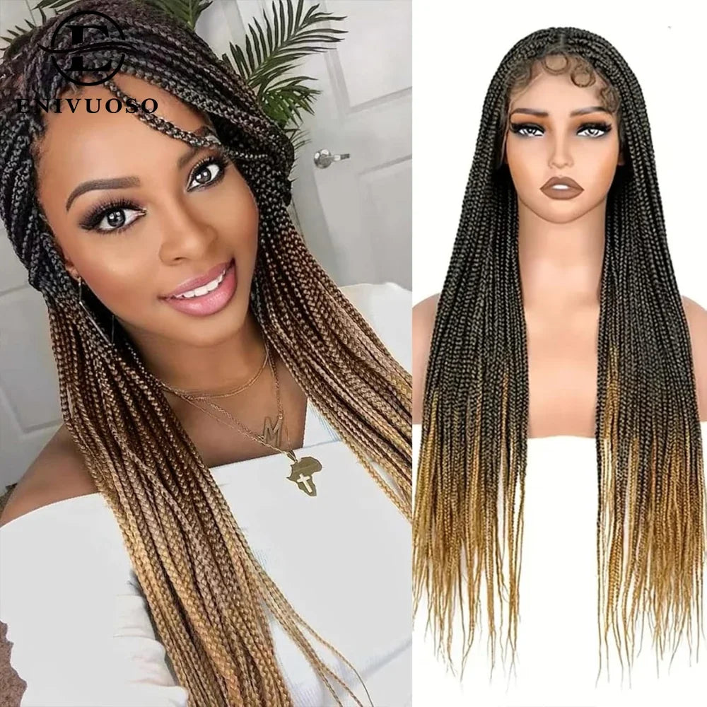 Small Square Knotless Box Braided Synthetic Wig 1BT30 Brown 30 Inch Full Double Lace Front Braided Wigs with Baby Hair For Women