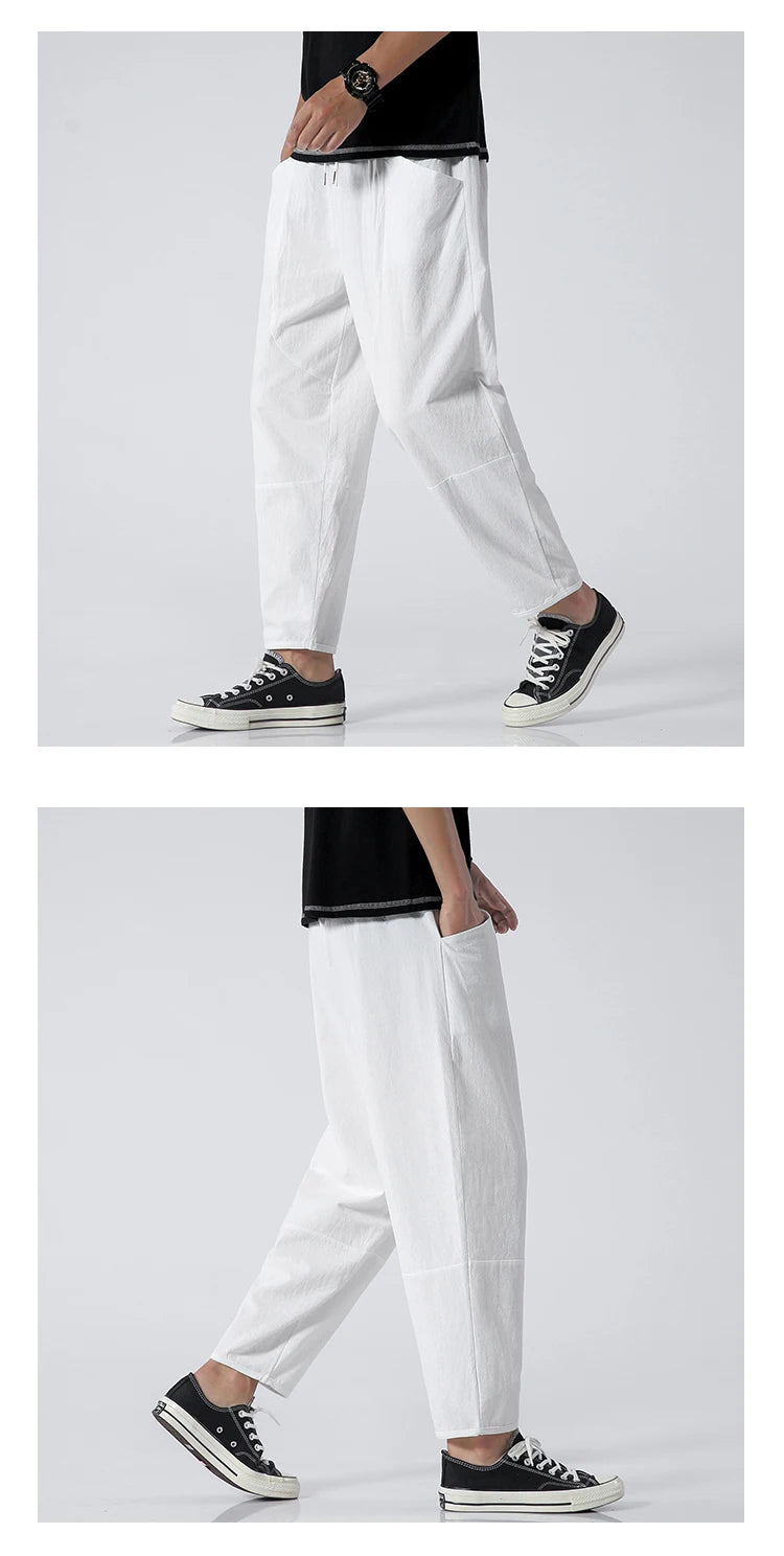100% Cotton Men's Summer Casual Loose Pants Trendy Japanese Style Cropped Pants for plus Size Men up to 5XL