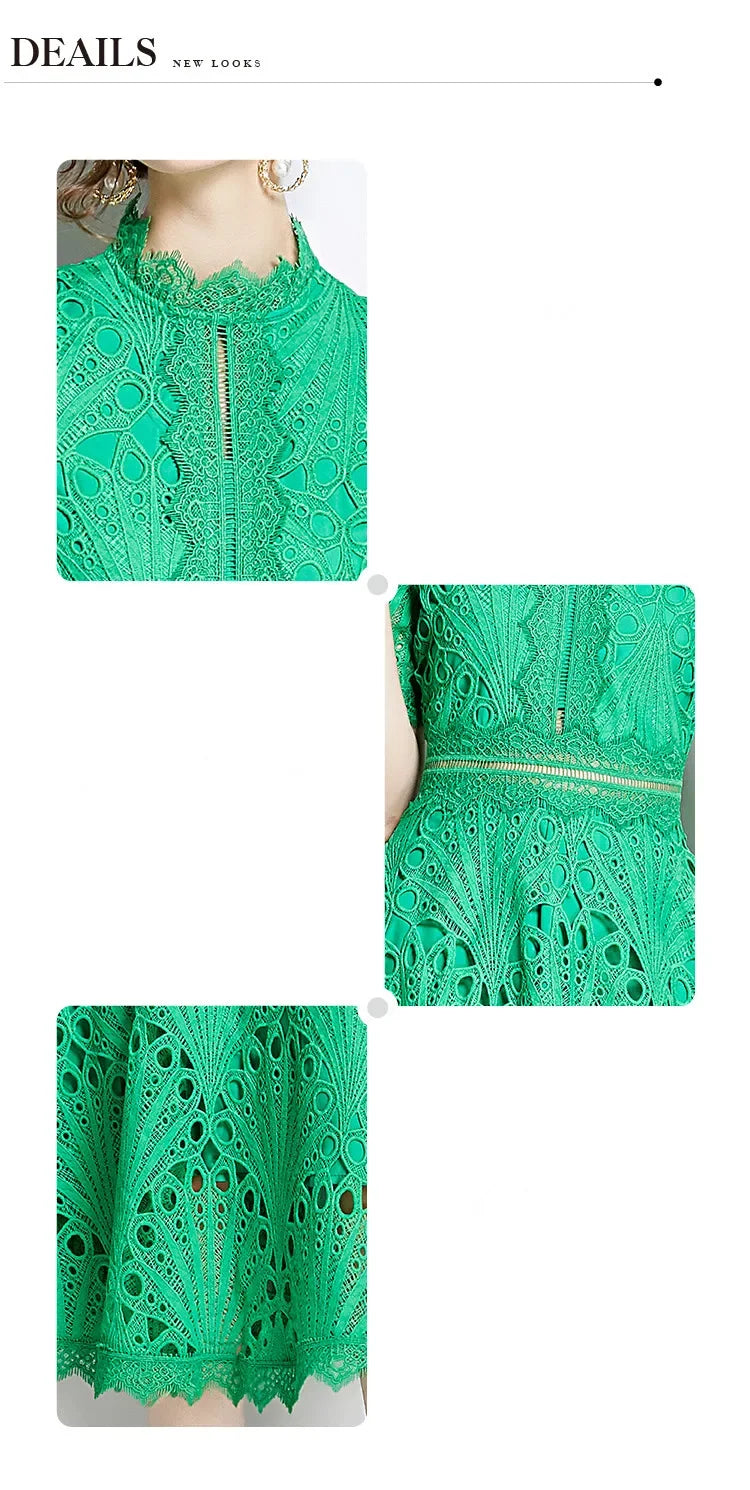 SMTHMA Vintage High-End O-Neck Short Sleeve Lace Hollow Out Dress For Women's Summer Slim Elegant Long Dress Female Clothing