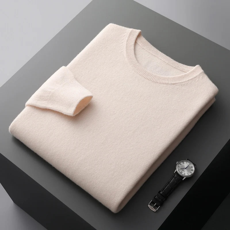 100% Merino Wool Sweater Men's O Neck Pullover Tops One-piece ready-to-wear Autumn Winter Solid Color Sweater Versatile Basic
