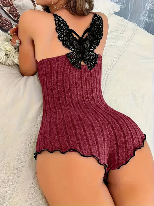 Back Butterfly Embroidery Design Pajamas for Womens Onesies Summer Sleepwear Lace Splicing Bodysuit Loungerwear