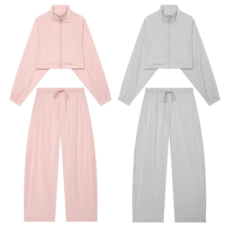 HXAO Women's 2 Piece Tracksuit Set Cropped Jacket Pants Sets Summer Long Sleeve Zip Up Top Wide Leg Trouser Suit Pink Sportswear