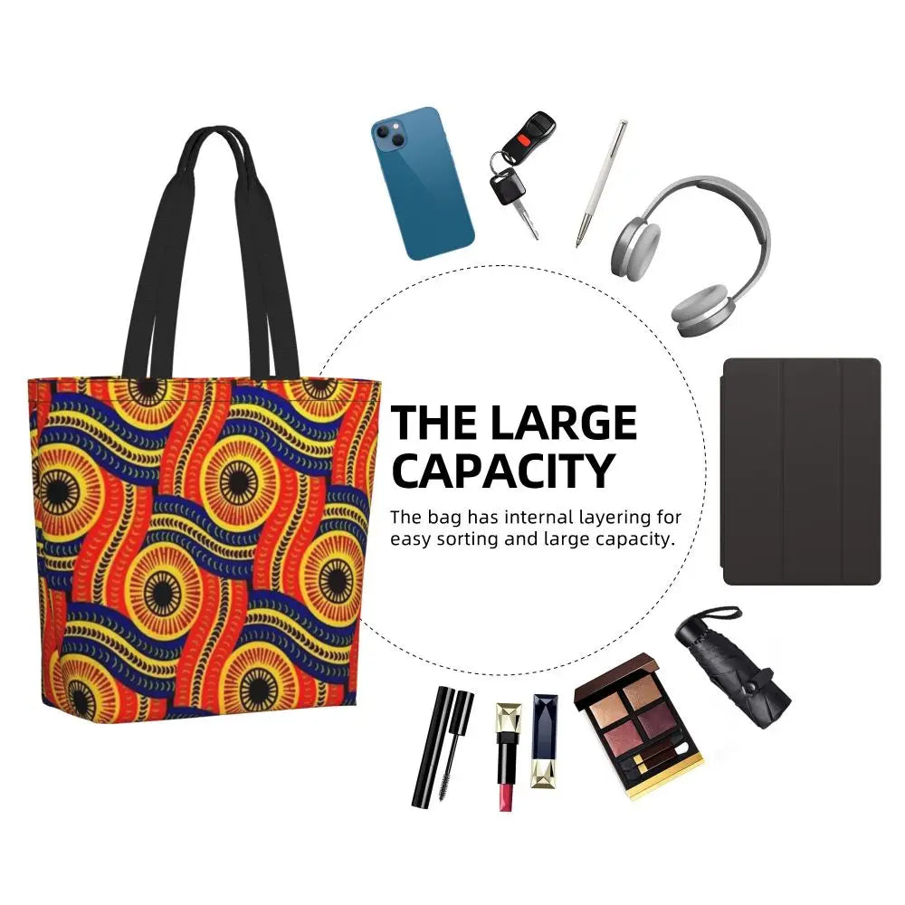 African Ankara Prints Grocery Shopping Tote Bags Women Geometric Ethnic Art Canvas Shoulder Shopper Bags Big Capacity Handbag