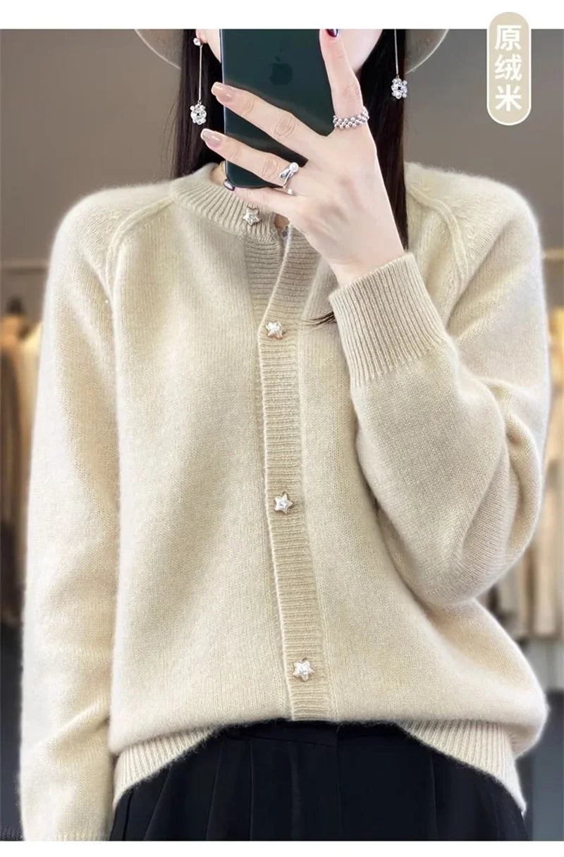 New Women Cardigan Sweater Autumn/Winter Round Neck Star Button Solid Knit Bottoming Shirt Jacket Quality Knitwear Female Tops