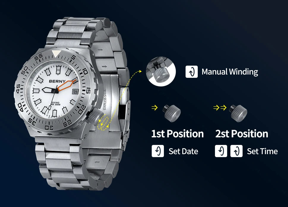 BERNY Automatic 30ATM Diver Men Watch Mechanical Wristwatches Waterproof Male Top Super Luminous Sapphire Sport Diving Watches