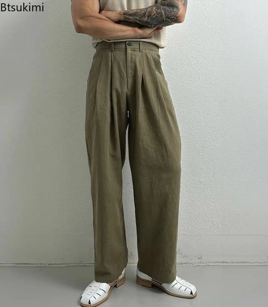 New Men's Cotton Linen Workwear Trousers Draped Wide Leg Pants Light Luxury Leisure Solid Straight Trousers Premium Sweatpants