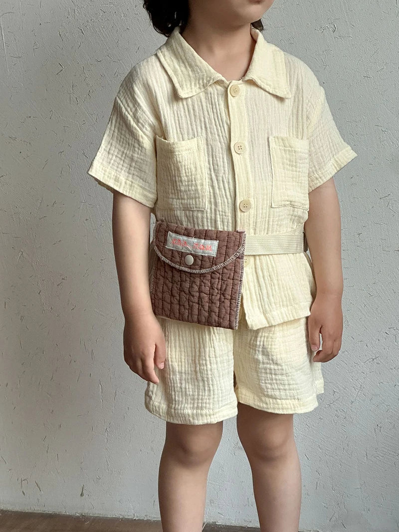 Children's Summer Clothing Set Boys' Short Sleeve Shirt Shorts 2pcs Casual Suit Girls' Solid Color Dress Sister Brother Outfit