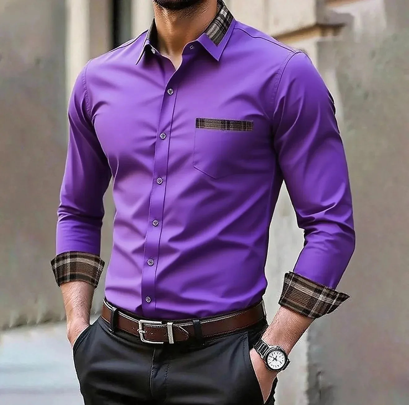 Men's pocket casual formal shirt, available in 12 colors, stylish and comfortable long sleeved shirt, suitable for weddings and