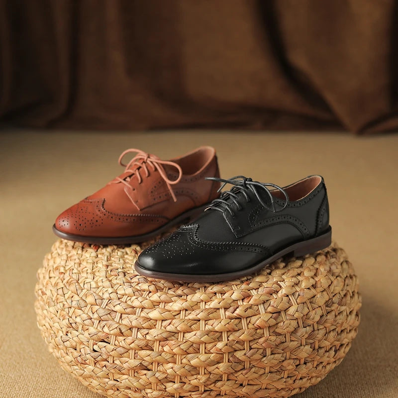 Women's New Round Head Burnt Flower Inner and Outer Leather Cowhide Lace up Large Low Heel Block Oxford Shoes