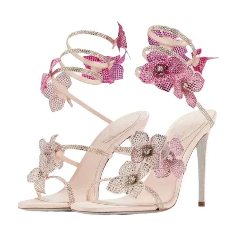 Aneikeh Sexy CRYSTAL Flower Narrow Band Ankle Strap Sandals Woman Thin High Heels Street Style  Pole Dancing Ladies Shoes