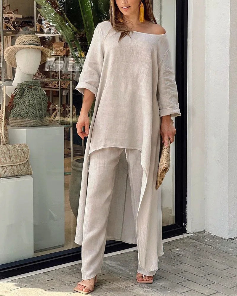 2 Piece Women Set African Clothes Women Outfits Cotton Linen Suit Long-Sleeved Top Pants Oversize Trousers Casual Party Set 2024