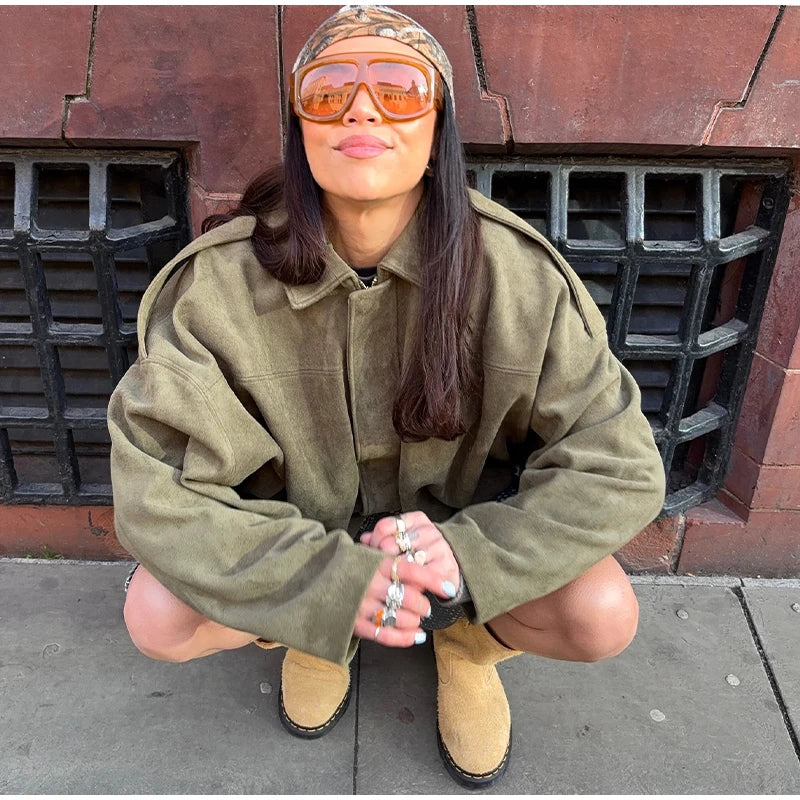Fashion Suede Green Jackets Coat Women Lapel Full Sleeve Zipper Bomber Coats 2026 Spring New Loose Lady Street Solid Outwears