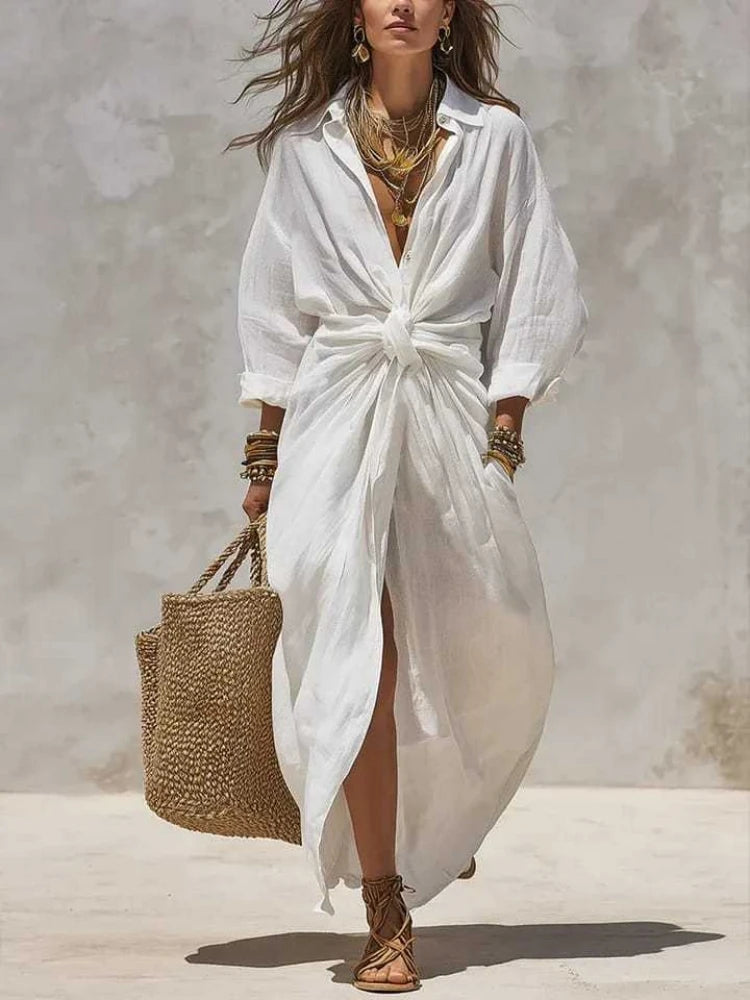 Boho White Linen Cotton Shirt Dress Long Sleeve High Waist Knot Maxi Dress Casual Loose Split Hem Summer Beach Dresses for Women
