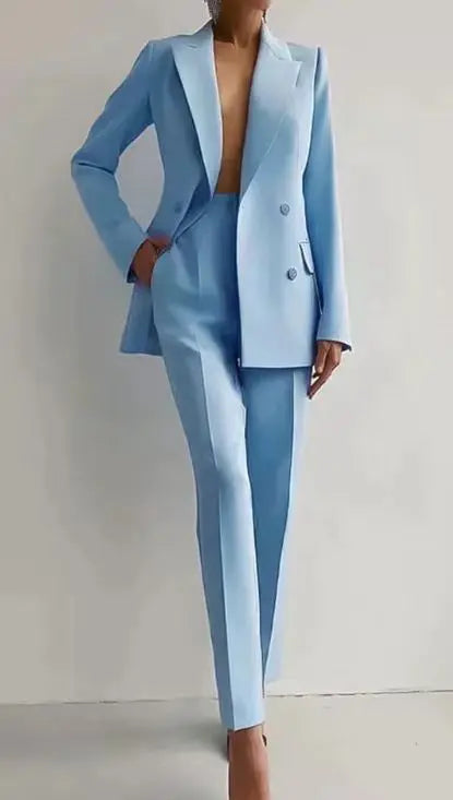 Spring Casual Long Sleeve Two Piece Blazer Pants Suit For Women Office Wear