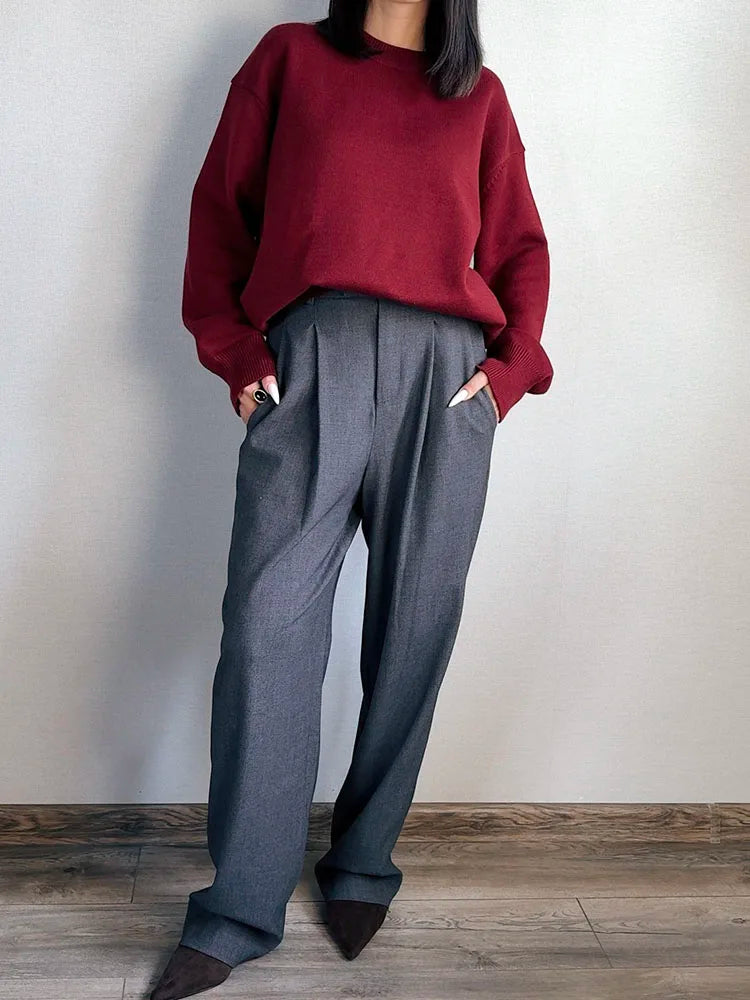 Oversize Burgundy Womens O Neck Knitwear Sweater Warm Winter Pullover
