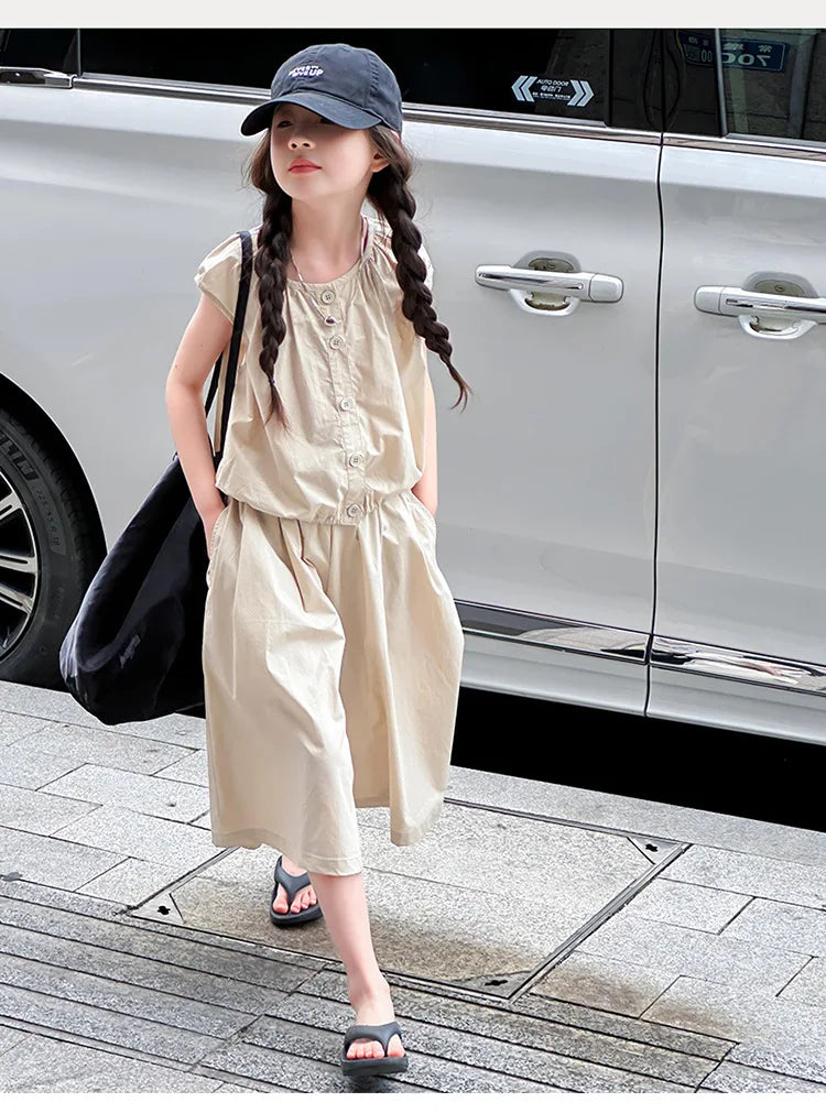2025 Girls Summer Casual Outfit Big Kids Short Sleeve Top Capris Pants Two Piece Set Matching Big Kids Fashion Suit Holiday Wear