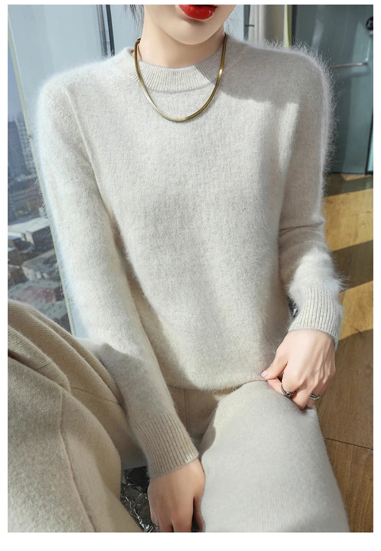 Autumn and winter women's semi high neck pullover sweater solid color knitted slim fit women's 100 mink cashmere sweater new sty