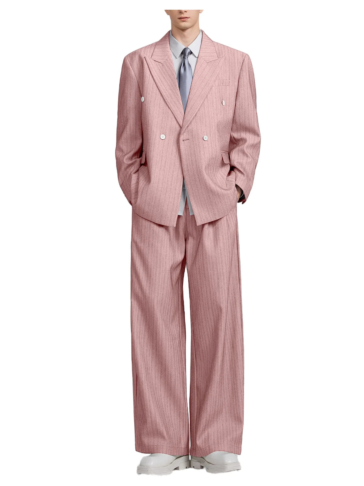 Men's Pinstripe 2-Piece Suit Notch Lapel Jacket Loose Fit Double Breasted Blazer Wide Leg Trousers for Formal Business Casual