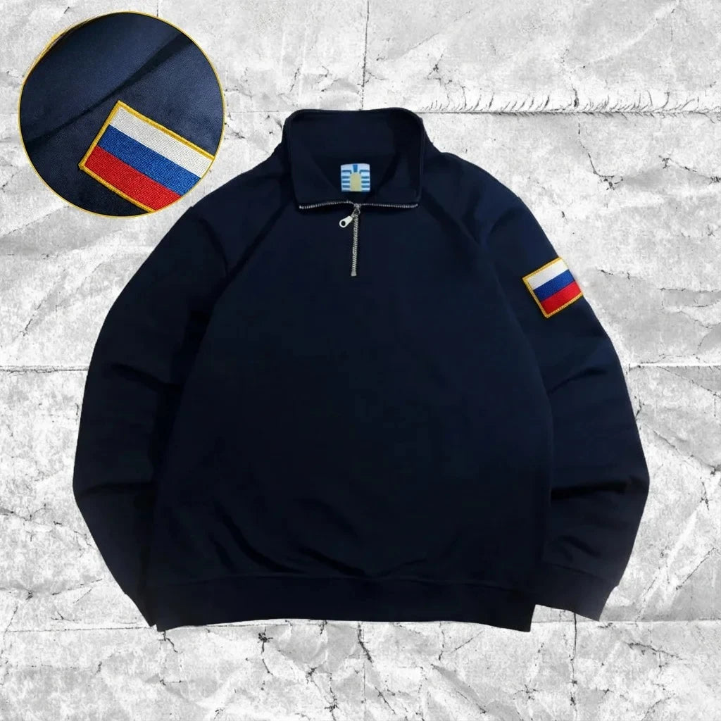 Y2K America Retro Embroidery Pullover White Quarterzip Stand Collar Polo Shirt Sweatshirt Casual Men Clotheing