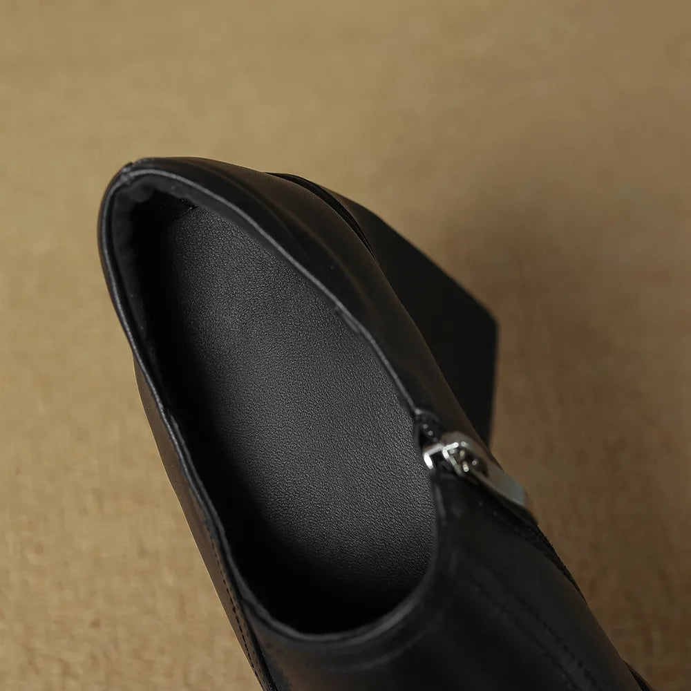 Aucegi New Spring Autumn Women Genuine Leather Pumps Classic Style Pointed Toe Platform Chunky Heel Retro Zipper Handmade Shoes