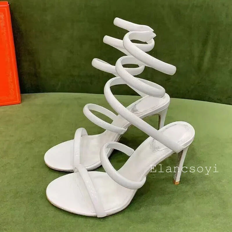 Sexy Thin Heels Sandals Summer Women Real Leather Ankle Snake Shaped Winding Banquet Shoes Summer High Heels Gladiator Sandalias