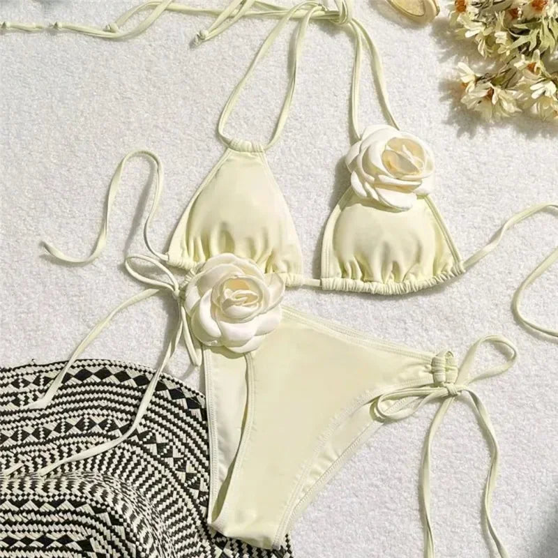 Women Two Piece Bikini Set 3D Floral Bandeau Swimwear Sexy Brazilian Bikini Lace Up Bathing Suit Separate Beachwear For Women