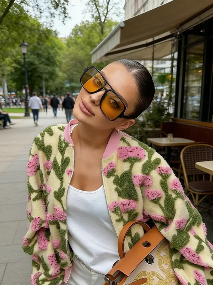 Cute Dreamy Flower Plush Bomber Jackets Chic Oversized Long Sleeves Zip Up Fleece Coat 2026 Casual High Street Women's Clothes BAZAARHUBO