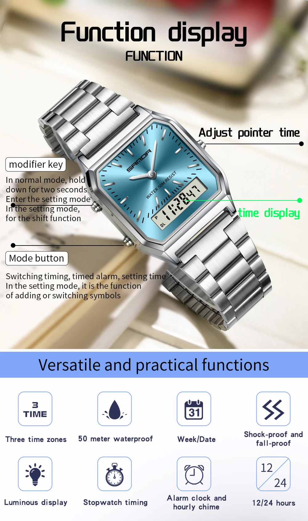 SANDA Men's and Women Watch Fashion Watches Business Style Alarm Clock Man Digital Wristwatch Square Dial Stainless Steel Strap