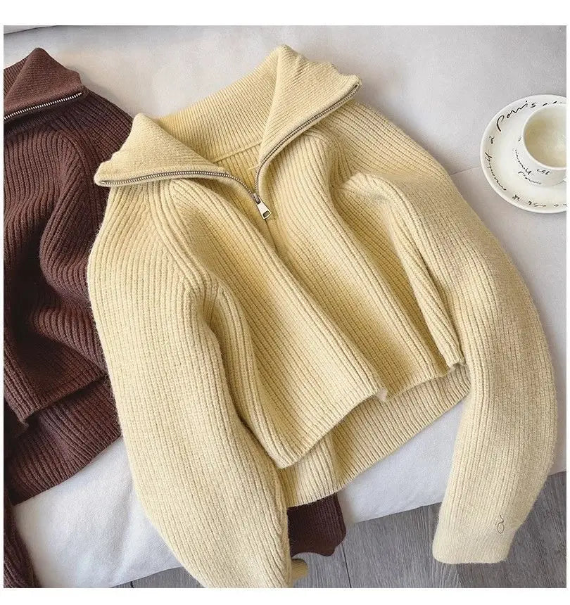 2024 Autumn New Korean Style Versatile Basics Half-zipper Loose Lapel Winter Long-sleeved Lazy Sweater Pullover Top