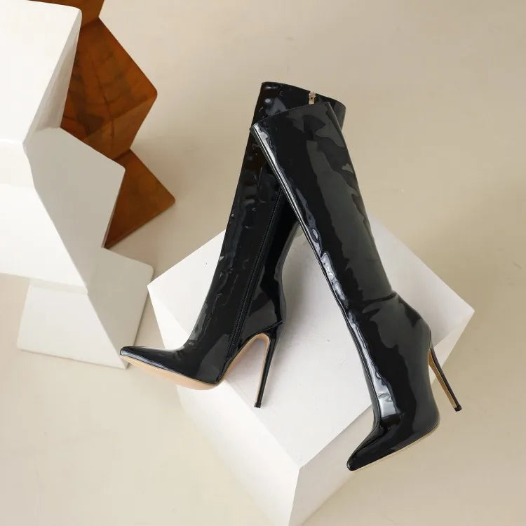 Winter Short Plush Long Boots For Ladies Black Pointed Toe Knee-High Boots Large Size Shoes Fashion Women Career High Heels 46