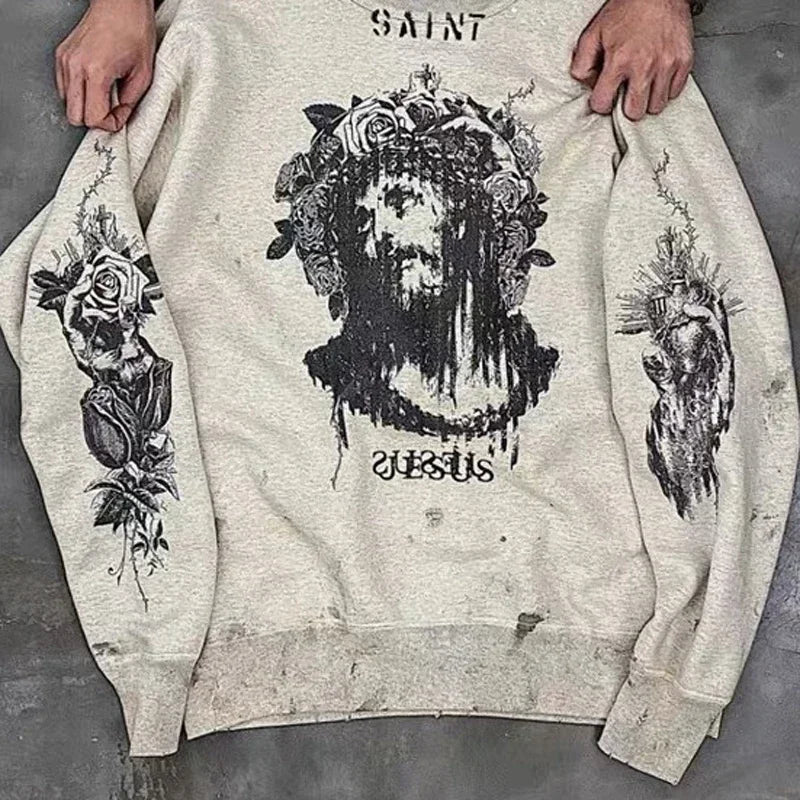 Real Photo Portrait Graffiti Print Saint Hoodie Wash Do Old Destroy Loose Pullover Casual Women Men Sweatshirt