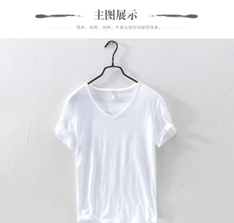 2023 Summer New 100% Cotton White T-shirt Male V-neck Solid Color Casual T Shirt Basic Tees Plus Size 3XL Short Sleeve Tops