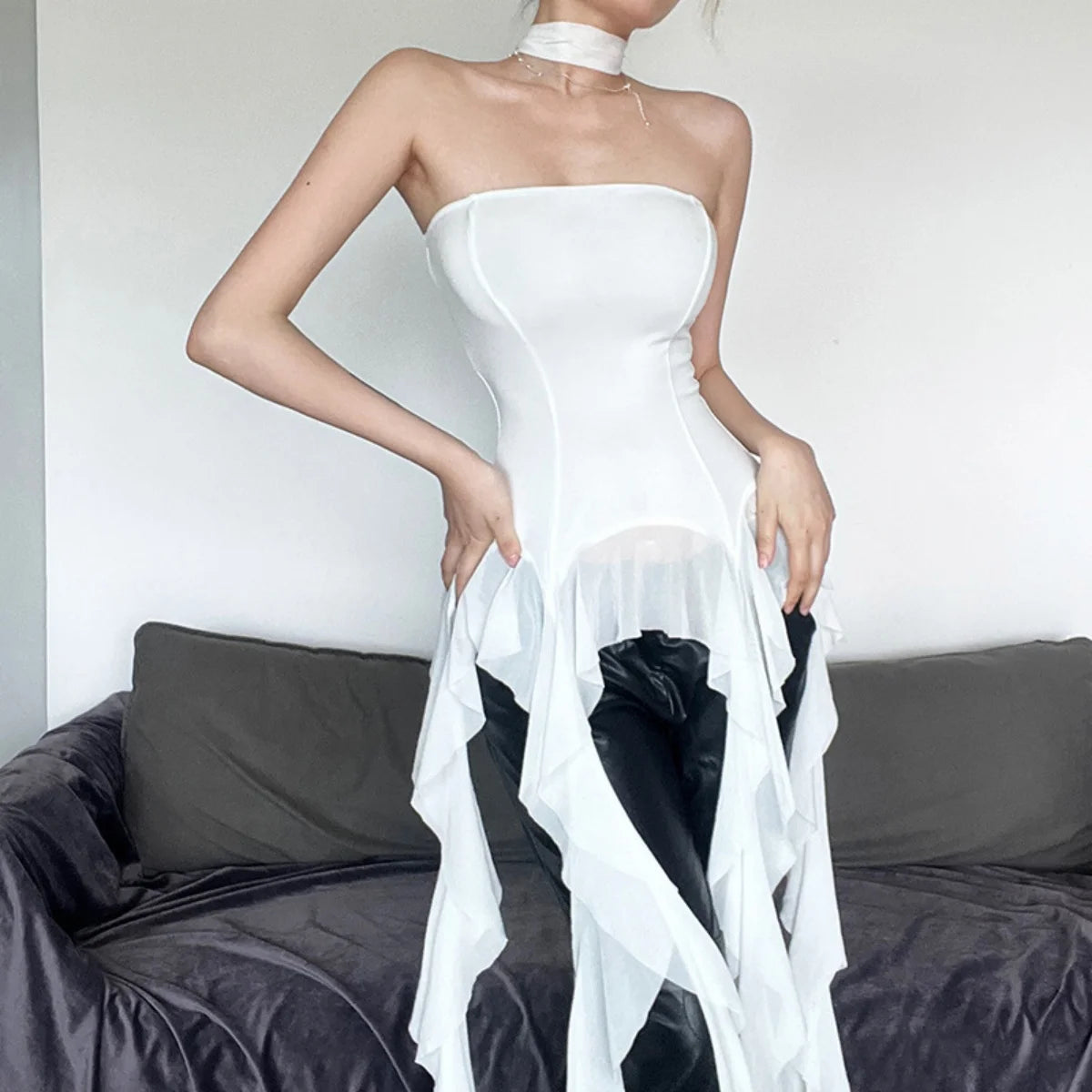 Irregular Fashion Sexy Ruffle Top Women Summer New Sleeveless Solid Tube Tops Lady Evening Party Club Off Shouder Streetwear