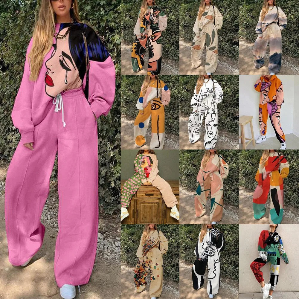 Fashion Print Oversized Tracksuit Suit Women Two Piece Pants Sets Casual Sweatshirt Trousers Streetwear 2 Piece Set Lady Outfit